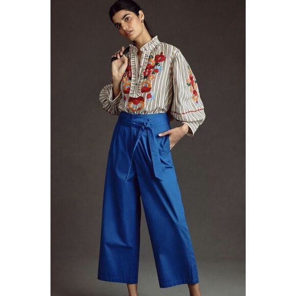 Anthropologie Antik Batik Ketty Belted Trousers Size Small Blue - Picture 1 of 12